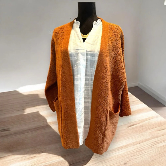 Coco + Carmen Open Front Cardigan Scallop Arm Hem 3/4 Sleeve S/M Rust Orange - Picture 1 of 9
